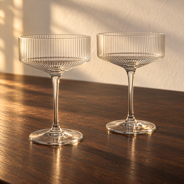 Ribbed Clear Coupe Cocktail Glass empty on an espresso walnut bar top in warm side light