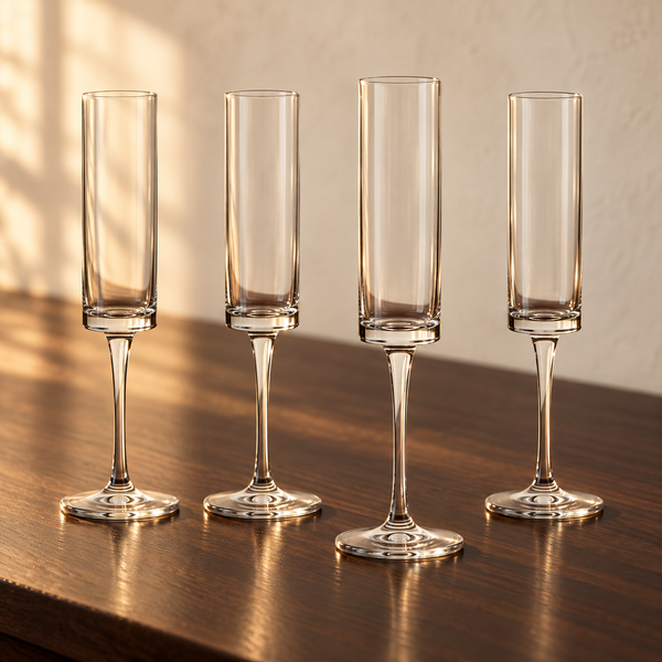 Champagne Flutes - Hand-Blown Crystal Glasses empty on an espresso walnut bar top in warm side light