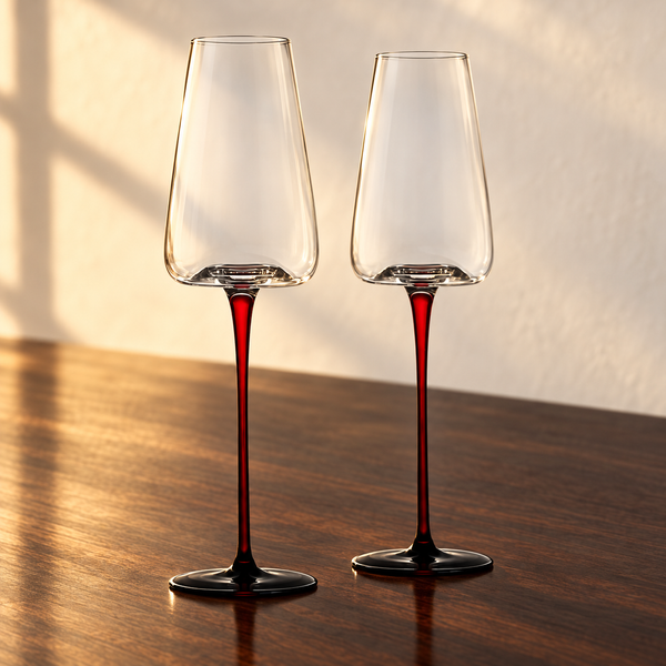 Concave Champagne Glasses empty on an espresso walnut bar top in warm side light