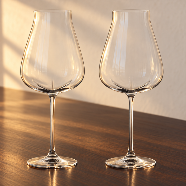 Desire Robust Red Wine Glasses empty on an espresso walnut bar top in warm side light