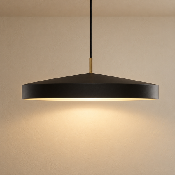 Matte Black Disc Pendant Light illuminated against cream plaster