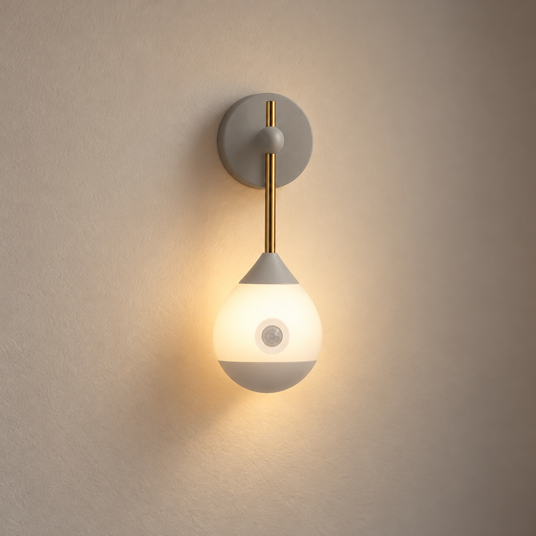 LED Motion Sensor Wall Night Light illuminated against cream plaster