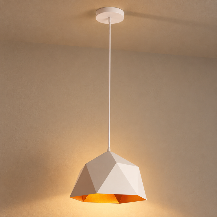 Geometric Faceted Iron Pendant Light illuminated against cream plaster