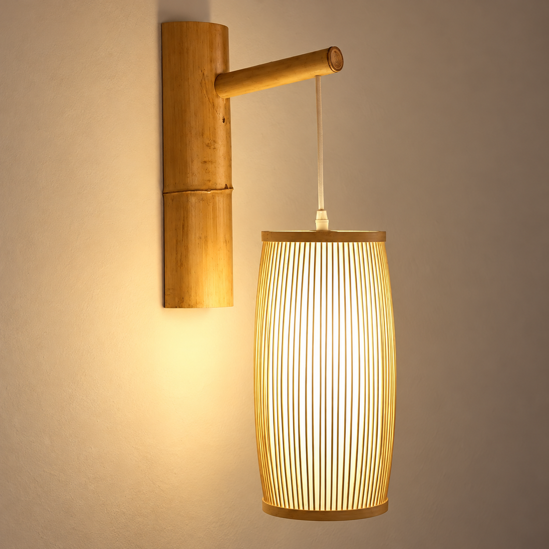 Woven Bamboo Wall Sconce Lamp illuminated against cream plaster