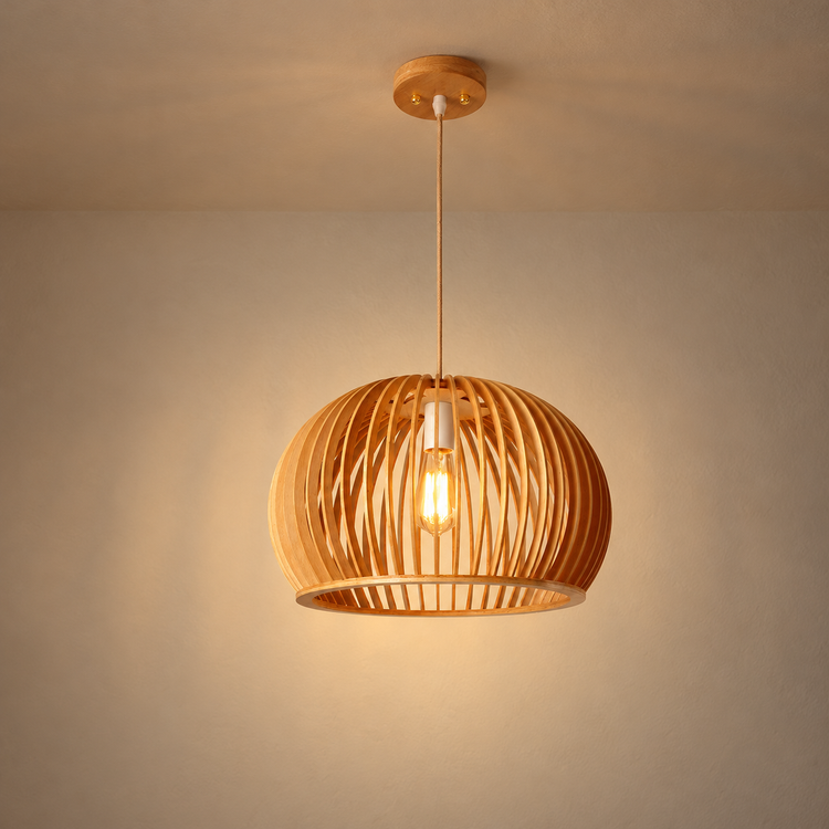 Slatted Wood Dome Pendant Light illuminated against cream plaster