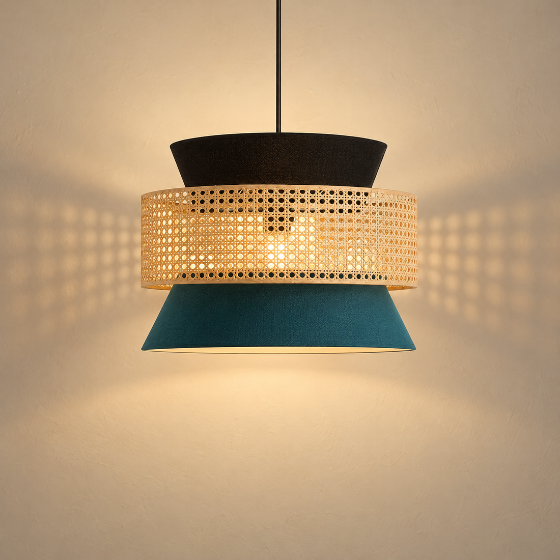 Rattan Weave Fabric Pendant Light illuminated against cream plaster