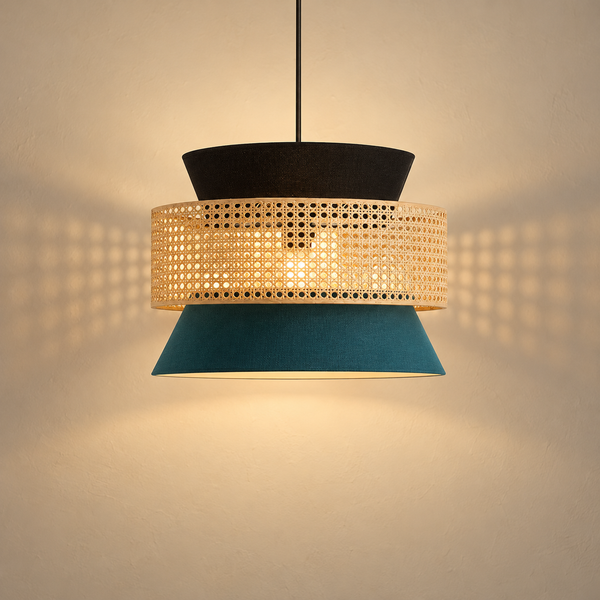 Rattan Weave Fabric Pendant Light illuminated against cream plaster