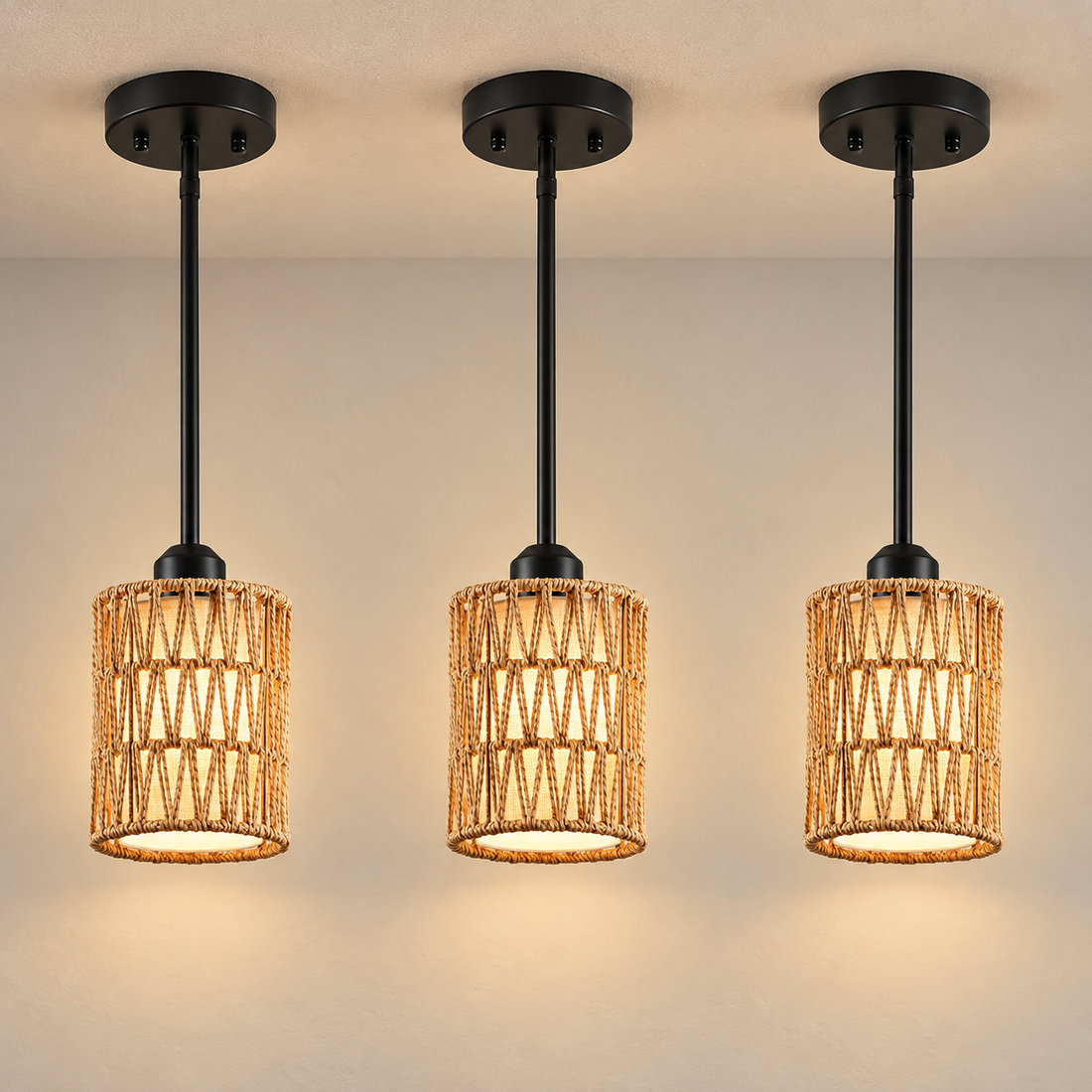 Rattan Linen Pendant Ceiling Light illuminated against cream plaster
