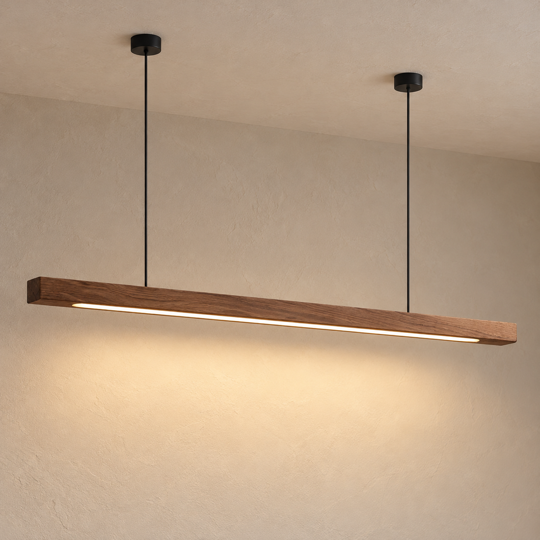 Linear Wood-Grain LED Pendant Light in C / 120CM / Warm Light illuminated against cream plaster at dusk