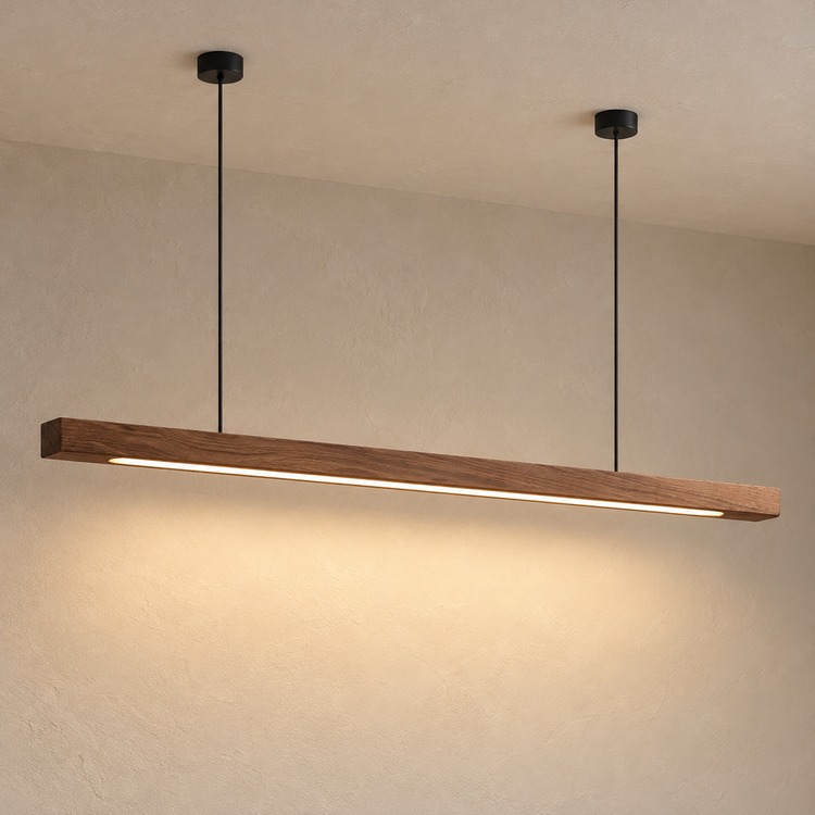 Linear Wood-Grain LED Pendant Light in C / 120CM / Warm Light illuminated against cream plaster at dusk