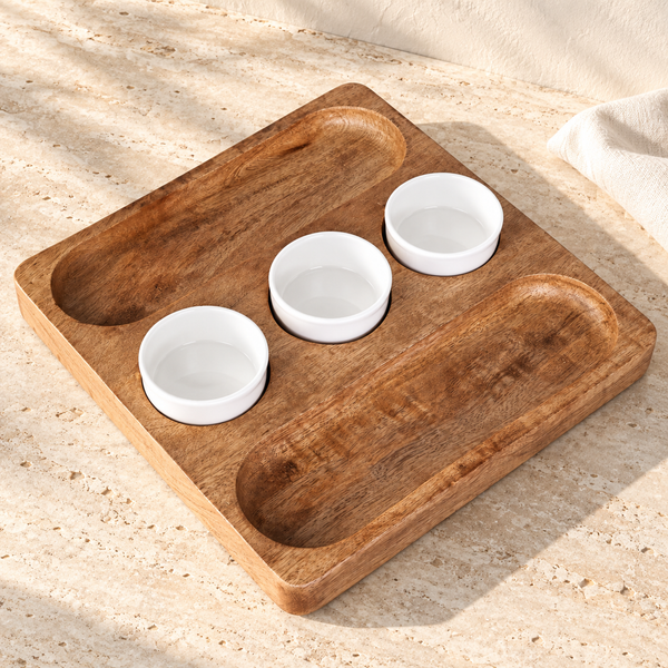 Acacia Wood Ceramic Dip Serving Platter on a sunlit pale travertine counter