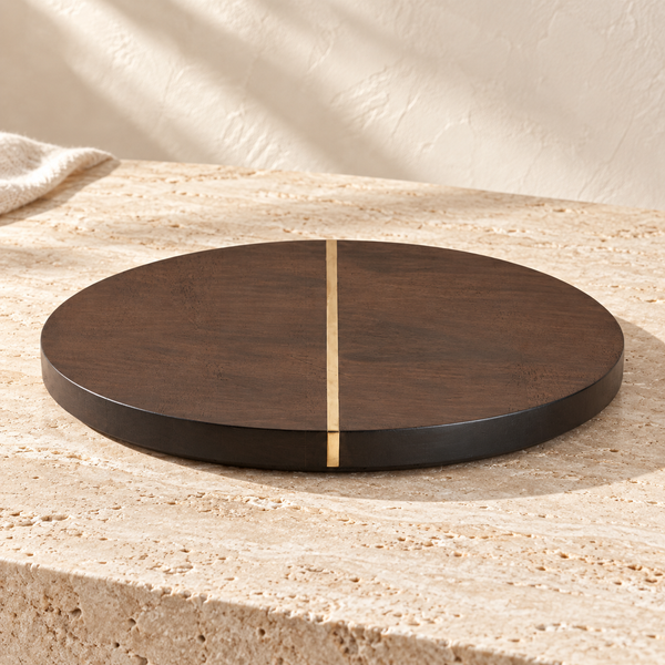 Brass Inlay Hand-Rubbed Wood Tray on a sunlit pale travertine counter