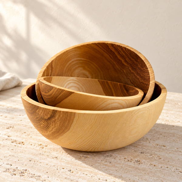 Hand-Carved Wood Nesting Bowl Set on a sunlit pale travertine counter