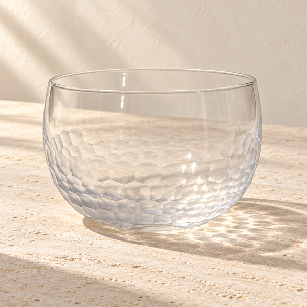 Hand-Etched Crystal Glass Bowl on a sunlit pale travertine counter