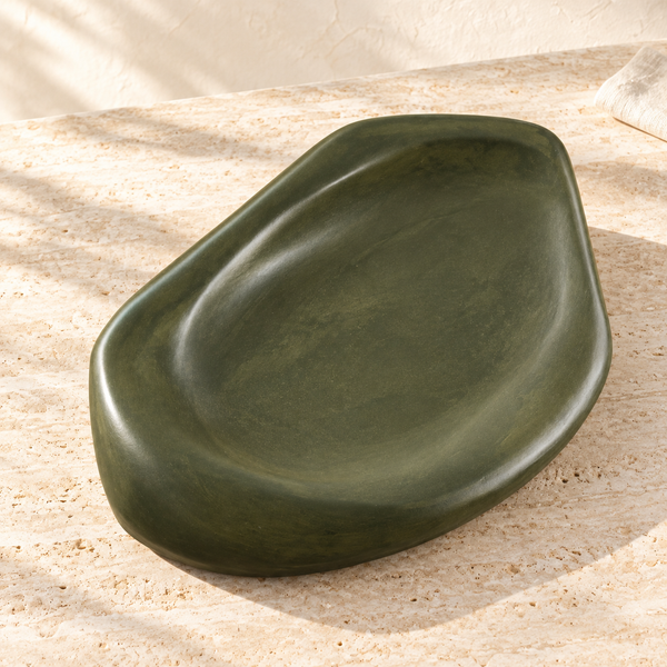 Micro Terrazzo Sculpted Serving Platter on a sunlit pale travertine counter