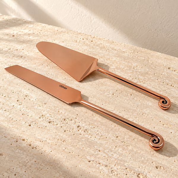 Treble Note Designer Cake Serving Set on a sunlit pale travertine counter