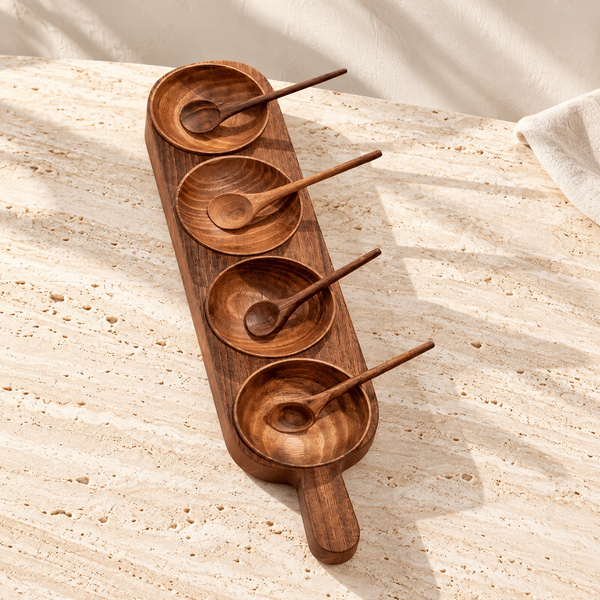 Walnut-Grain Condiment Serving Tray Set on a sunlit pale travertine counter
