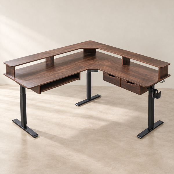 Dark Walnut-Grain L-Shape Standing Desk in a clean neutral interior