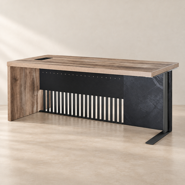 Wood-Grain Steel Executive Office Desk in a clean neutral interior