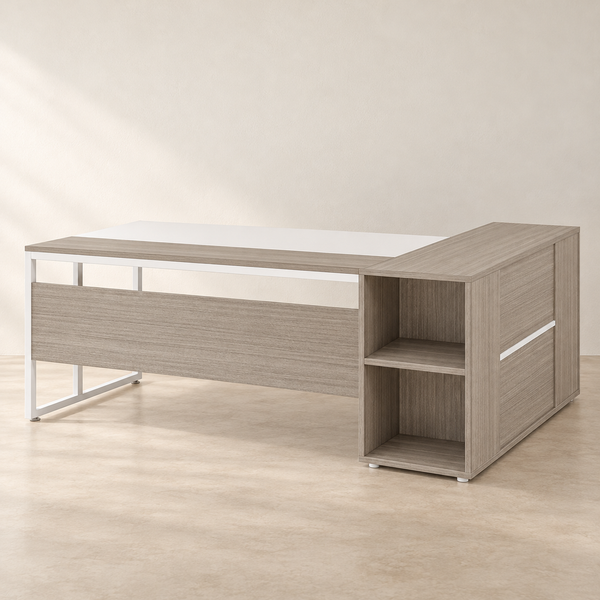 Wood-Grain L-Shaped Storage Desk in a clean neutral interior
