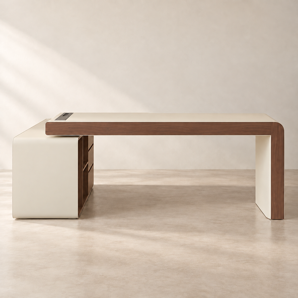L-Shape Wood-Grain Executive Desk in a clean neutral interior