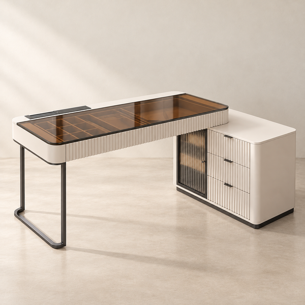 Ivory Fluted Writing Desk With Cabinet in a clean neutral interior