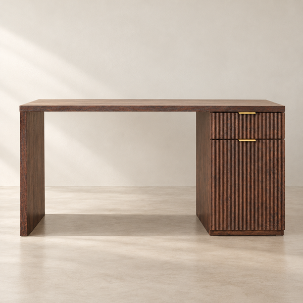 Reeded Panel Dark Walnut-Finish Desk in a clean neutral interior