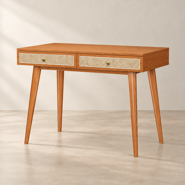 Rattan Drawer Wood Writing Desk in a clean neutral interior