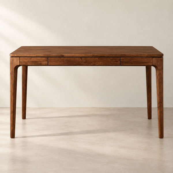 Rubber Wood Writing Desk with Drawers in a clean neutral interior