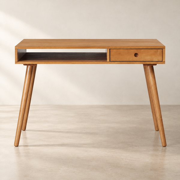 Walnut-Finish Writing Desk With Storage Cubby in a clean neutral interior