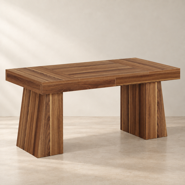 Trapezoid Base Wood-Grain Executive Desk in a clean neutral interior