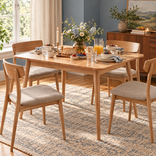 Extendable Oak-Finish Dining Table in a fully styled dining room