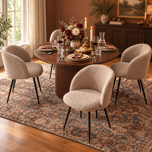 Fluted Pedestal Round Dining Set in a fully styled dining room, table with four included chairs