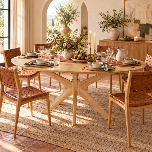Oak-Finish Oval Dining Table in a fully styled dining room