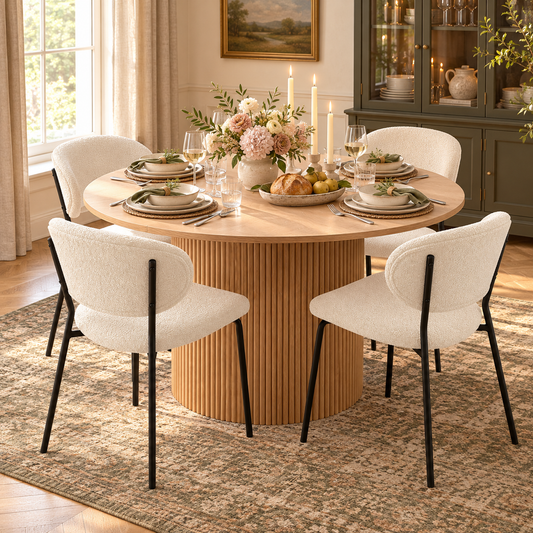 47-Inch Round Oak Dining Set with Bouclé Seating in a fully styled dining room, table with four included chairs