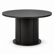 Round Black Pedestal Dining Table with Storage alone on a white background