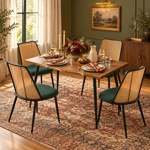 Walnut Finish Rattan-Back Dining Table Set in a fully styled dining room, table with four included chairs
