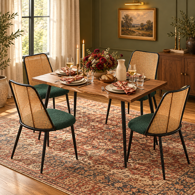 Walnut Finish Rattan-Back Dining Table Set in a fully styled dining room, table with four included chairs