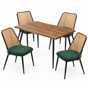 Walnut Finish Rattan-Back Dining Table Set on a white background, table with four included chairs