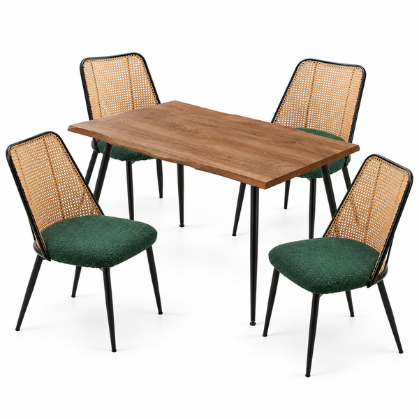 Walnut Finish Rattan-Back Dining Table Set on a white background, table with four included chairs