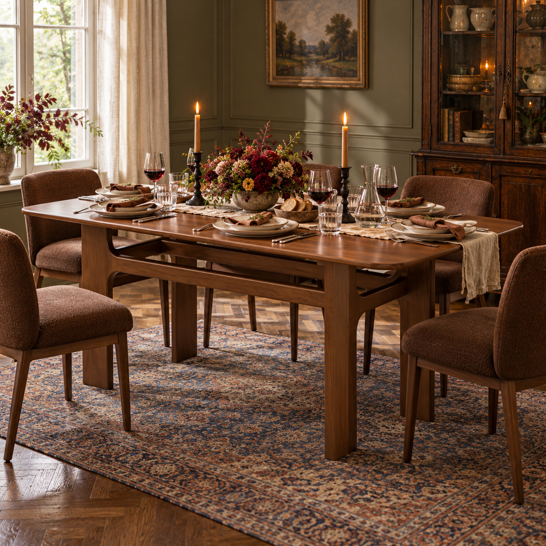 Walnut-Finish Rectangular Dining Table in a fully styled dining room