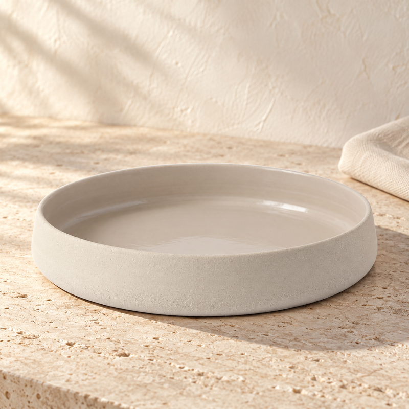 Hand-Thrown Stoneware Dinner Plate in Dinner Plate on a sunlit travertine counter