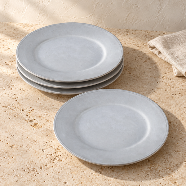 Matte Cloud Glaze Ceramic Dinner Plate Set on a sunlit travertine counter