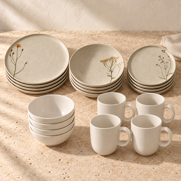 Botanical Speckled Ceramic Dinnerware Set in Elemento on a sunlit travertine counter