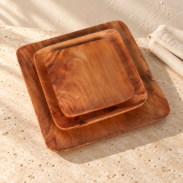 Acacia Wood Square Plate Set on a sunlit travertine counter
