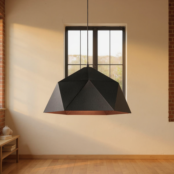 Faceted Metal Pendant Light in a warm editorial loft with natural window light.