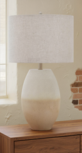Linas - Metal Table Lamp - Cream / Beige on a walnut sideboard beside a softly lit loft window.