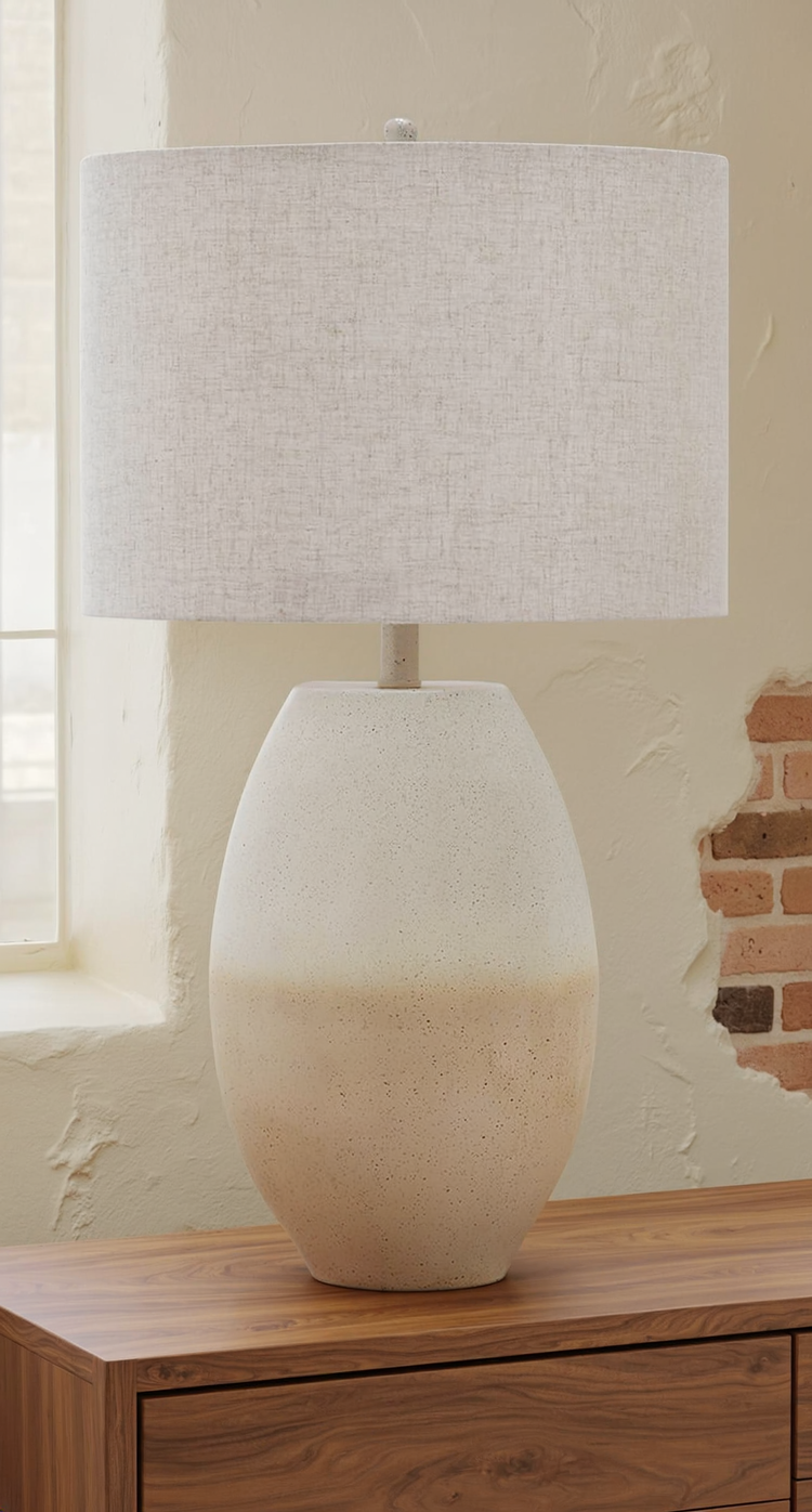 Linas - Metal Table Lamp - Cream / Beige on a walnut sideboard beside a softly lit loft window.
