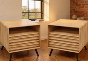 Natural Oak Fluted Charging Nightstands, Set of 2 in a warm loft interior with natural window light.