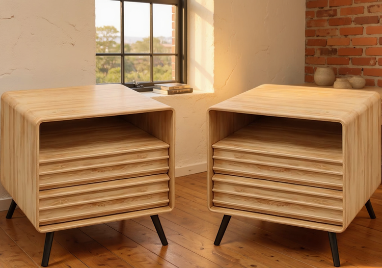 Natural Oak Fluted Charging Nightstands, Set of 2 in a warm loft interior with natural window light.